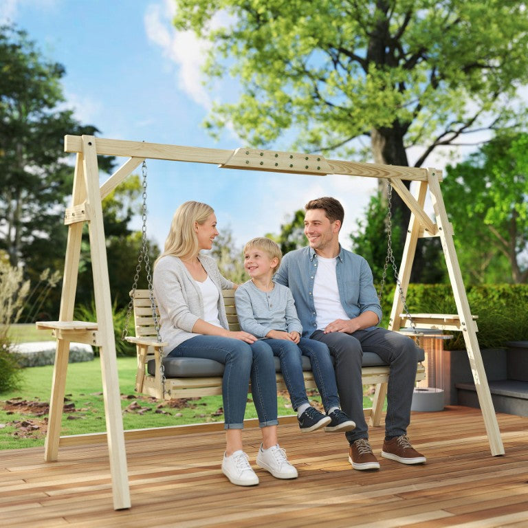 English Elm Outsunny 3 Person Fir Wood Porch Swing with Stand Side Trays and Cushion Outdoor W2225P597139