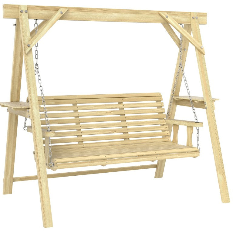 English Elm Outsunny Solid Fir Wood 3 Person Porch Swing with A-Frame Stand and Built-In Side Tables W2225P597149