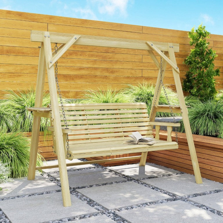 English Elm Outsunny Solid Fir Wood 3 Person Porch Swing with A-Frame Stand and Built-In Side Tables W2225P597149