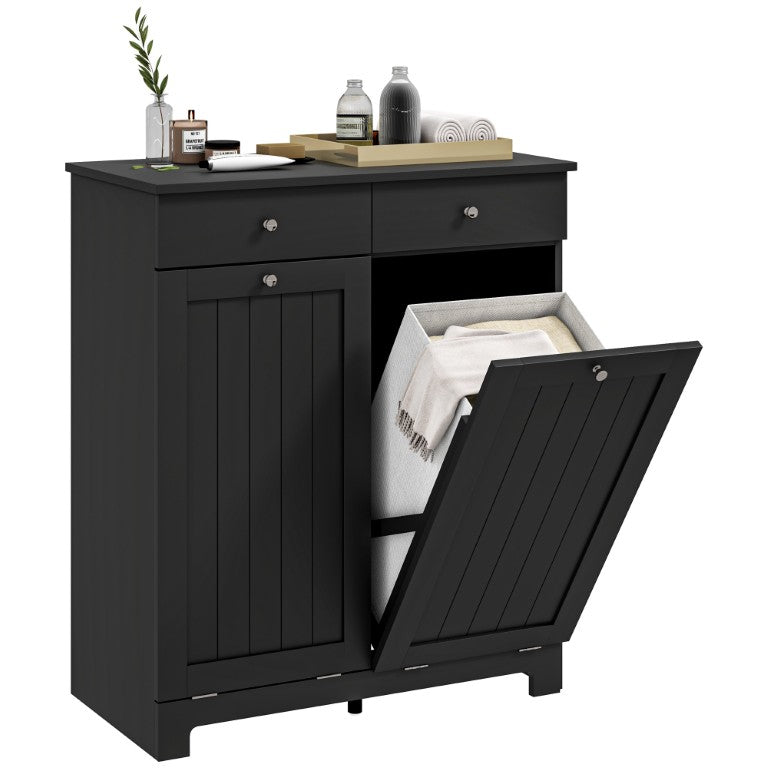 English Elm Homcom Beadboard Laundry Cabinet with Tilt Out Hampers Drawers and Matte Black Finish W2225P597150