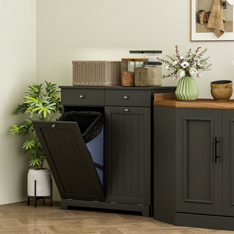 English Elm Homcom Beadboard Laundry Cabinet with Tilt Out Hampers Drawers and Matte Black Finish W2225P597150