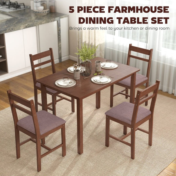 English Elm Homcom Farmhouse 5 Piece Rubberwood Dining Set Seats 4 with Padded Linen Upholstered Chairs Light Brown W2225P597175