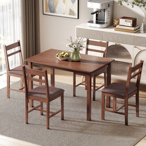 English Elm Homcom Farmhouse 5 Piece Rubberwood Dining Set Seats 4 with Padded Linen Upholstered Chairs Light Brown W2225P597175