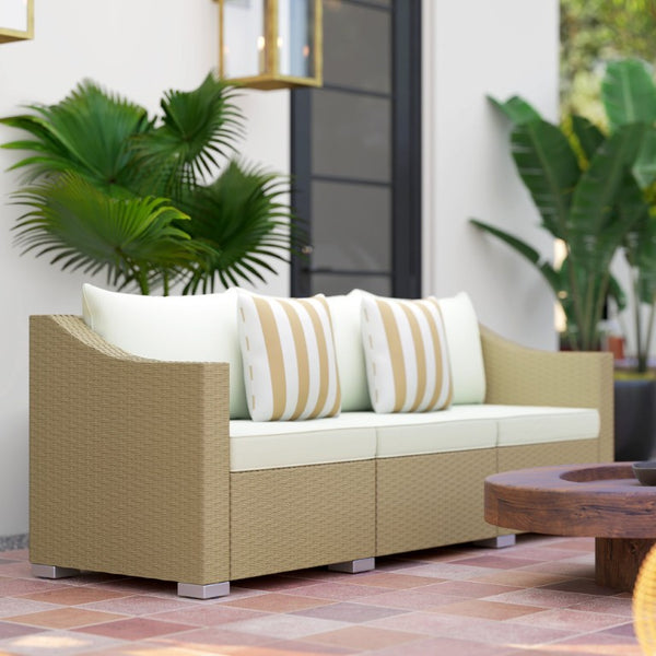 English Elm Outsunny 3 Seat Wicker Outdoor Sofa Deep Cushioned Patio Couch for Garden or Porch W2225P597230