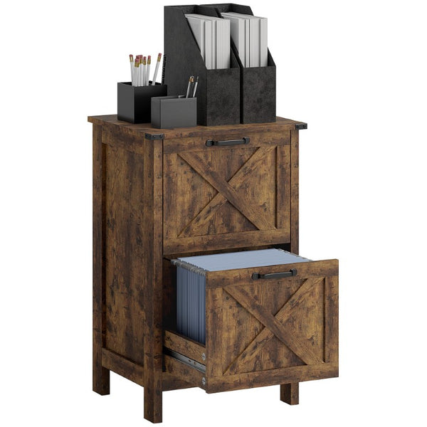 English Elm Homcom Farmhouse Vertical Filing Cabinet with Barn Doors Silent Drawers Printer Stand Deep Rustic Brown W2225P597239