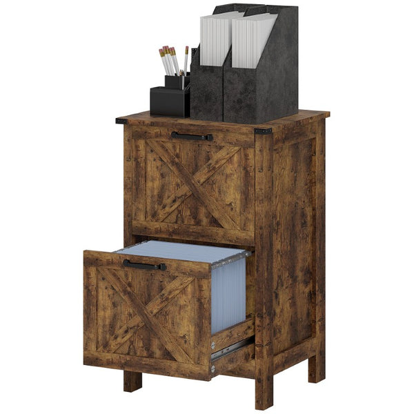 English Elm Homcom Farmhouse Vertical Filing Cabinet with Barn Doors Silent Drawers Printer Stand Deep Rustic Brown W2225P597239