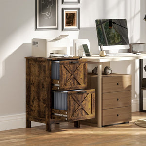 English Elm Homcom Farmhouse Vertical Filing Cabinet with Barn Doors Silent Drawers Printer Stand Deep Rustic Brown W2225P597239