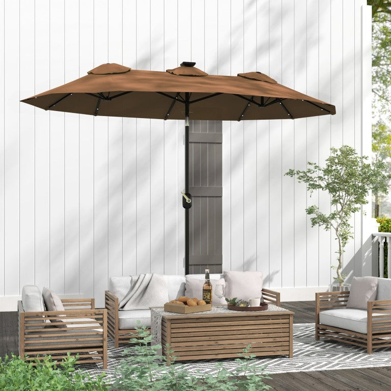 English Elm Outsunny Solar LED Market Umbrella with Double Canopy Vented Ribs for Patio Deck Coffee W2225P597247