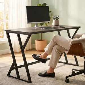 English Elm Homcom 55 Inch Industrial Writing Desk with Z Frame Steel Base for Home Office Distressed Black W2225P597262