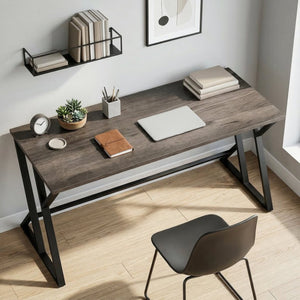 English Elm Homcom 55 Inch Industrial Writing Desk with Z Frame Steel Base for Home Office Distressed Black W2225P597262