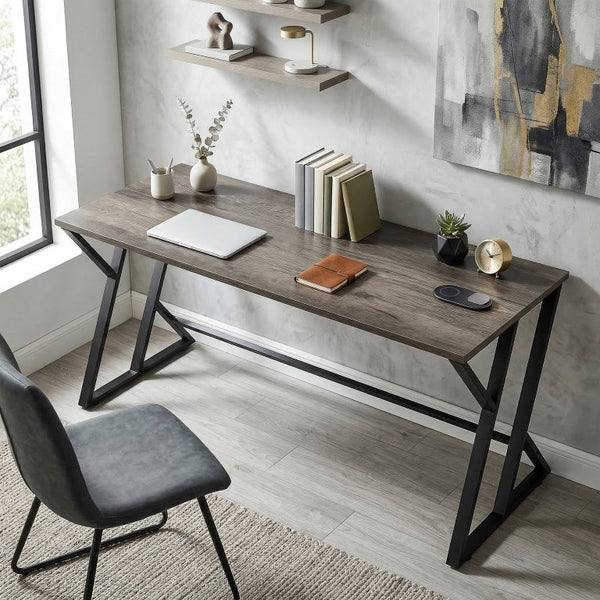 English Elm Homcom 55 Inch Industrial Writing Desk with Z Frame Steel Base for Home Office Distressed Black W2225P597262