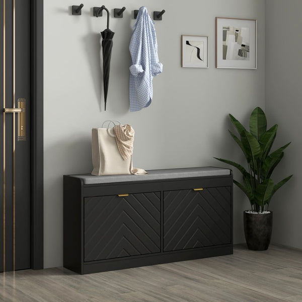 English Elm Homcom Entryway Shoe Bench with Flip Storage Drawers Padded Cushion Gold Handles W2225P597277