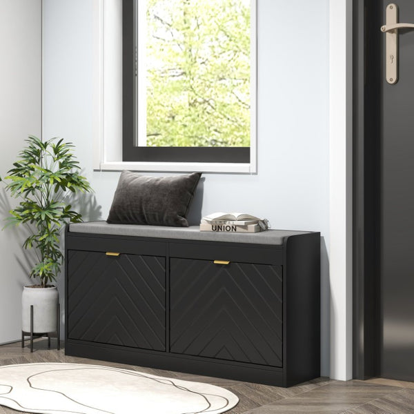 English Elm Homcom Entryway Shoe Bench with Flip Storage Drawers Padded Cushion Gold Handles W2225P597277