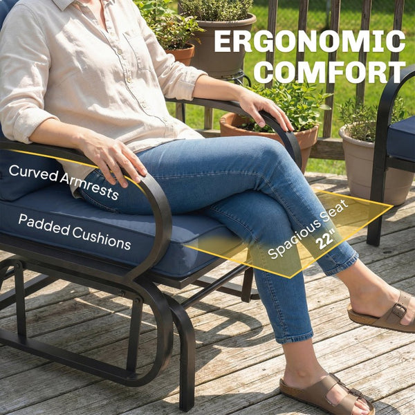 English Elm Outsunny Patio Glider Chair with Tufted Cushions Steel Frame Curved Armrests Poolside Blue W2225P597280