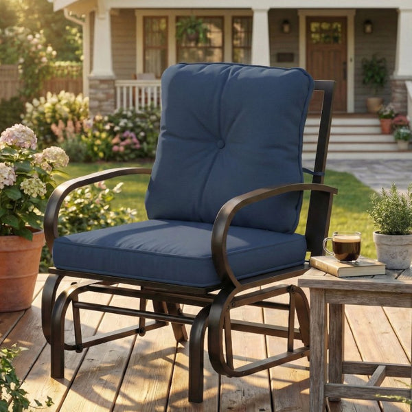 English Elm Outsunny Patio Glider Chair with Tufted Cushions Steel Frame Curved Armrests Poolside Blue W2225P597280