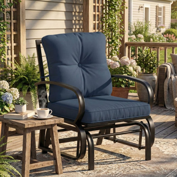 English Elm Outsunny Patio Glider Chair with Tufted Cushions Steel Frame Curved Armrests Poolside Blue W2225P597280