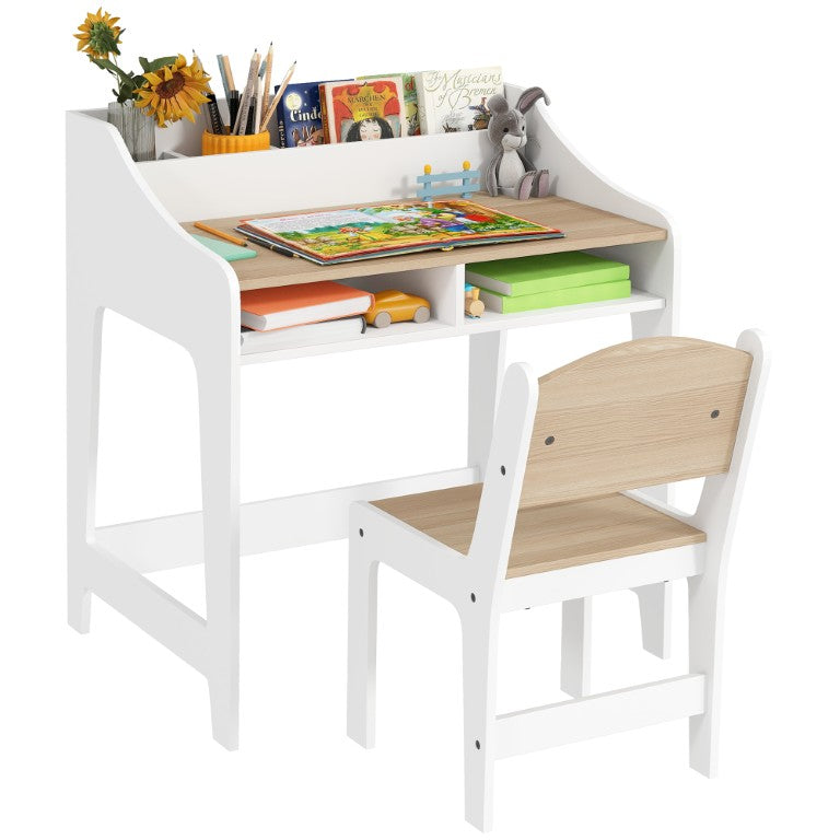English Elm Qaba Natural Wood Kids Study Desk and Chair Set with Built-In Storage for Ages 3 to 8 W2225P597321
