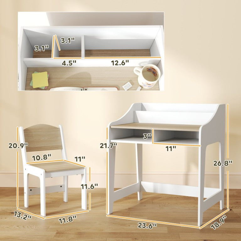 English Elm Qaba Natural Wood Kids Study Desk and Chair Set with Built-In Storage for Ages 3 to 8 W2225P597321