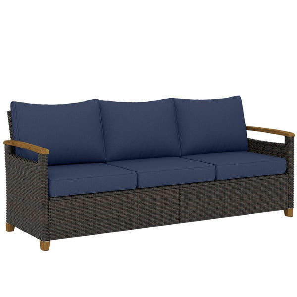 English Elm Outsunny 3 Seat Outdoor Sofa PE Wicker Patio Couch with Deep Foam Cushions Wood Legs W2225P597361