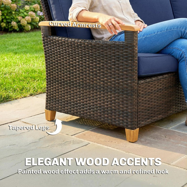 English Elm Outsunny 3 Seat Outdoor Sofa PE Wicker Patio Couch with Deep Foam Cushions Wood Legs W2225P597361