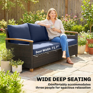 English Elm Outsunny 3 Seat Outdoor Sofa PE Wicker Patio Couch with Deep Foam Cushions Wood Legs W2225P597361