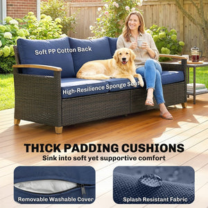 English Elm Outsunny 3 Seat Outdoor Sofa PE Wicker Patio Couch with Deep Foam Cushions Wood Legs W2225P597361