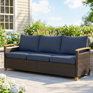 English Elm Outsunny 3 Seat Outdoor Sofa PE Wicker Patio Couch with Deep Foam Cushions Wood Legs W2225P597361