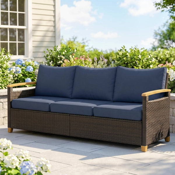 English Elm Outsunny 3 Seat Outdoor Sofa PE Wicker Patio Couch with Deep Foam Cushions Wood Legs W2225P597361