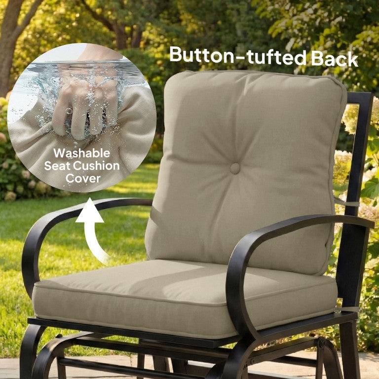 English Elm Outsunny Patio Glider Chair with Tufted Cushions Steel Frame Curved Armrests Poolside Beige W2225P597364