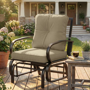 English Elm Outsunny Patio Glider Chair with Tufted Cushions Steel Frame Curved Armrests Poolside Beige W2225P597364