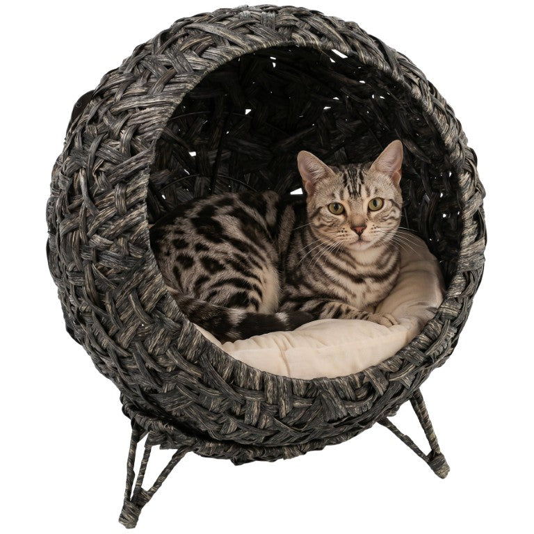 English Elm Pawhut Handwoven PE Rattan Elevated Cat Basket with Cushion and Stable Metal Legs W2225P597368
