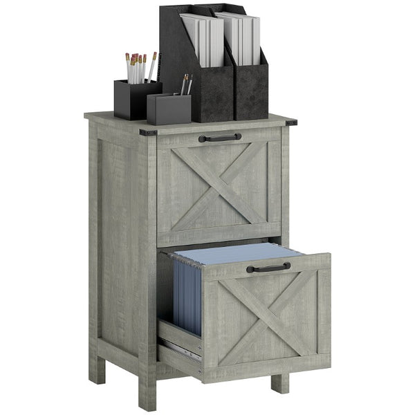English Elm Homcom Farmhouse Vertical Filing Cabinet with Barn Doors Silent Drawers Printer Stand Light Gray W2225P597381