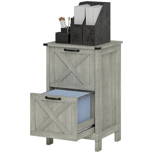 English Elm Homcom Farmhouse Vertical Filing Cabinet with Barn Doors Silent Drawers Printer Stand Light Gray W2225P597381