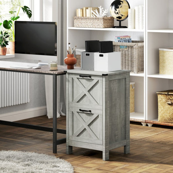 English Elm Homcom Farmhouse Vertical Filing Cabinet with Barn Doors Silent Drawers Printer Stand Light Gray W2225P597381