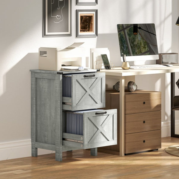 English Elm Homcom Farmhouse Vertical Filing Cabinet with Barn Doors Silent Drawers Printer Stand Light Gray W2225P597381