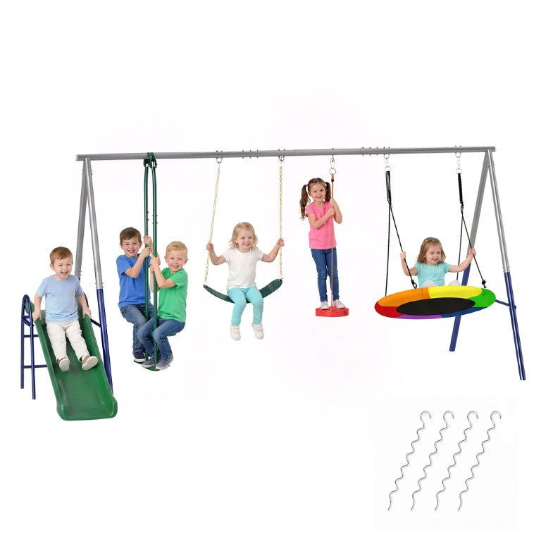 English Elm Qaba Heavy Duty Steel Backyard Playset with Slide Saucer Swing Glider for Ages 3 to 8 W2225P597390