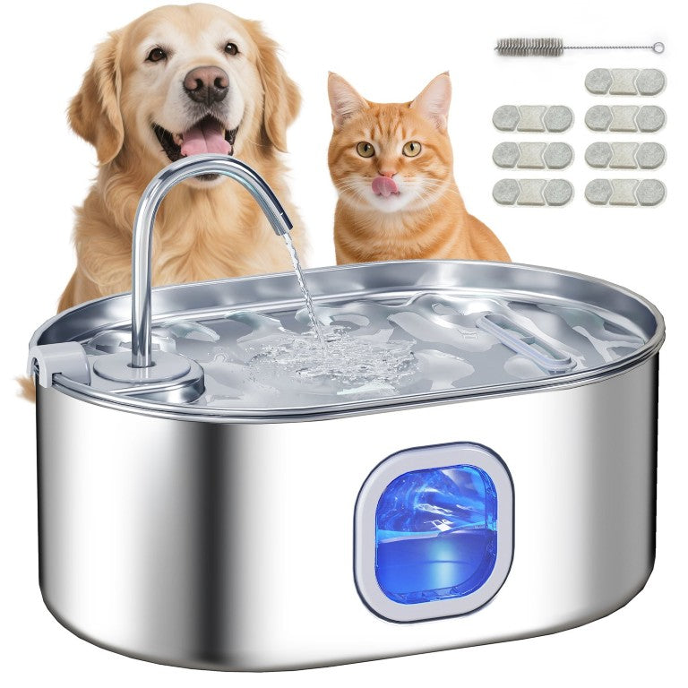 English Elm Pawhut Stainless Steel Pet Water Fountain 7L Quiet Pump LED Window Multi-Pet W2225P597411