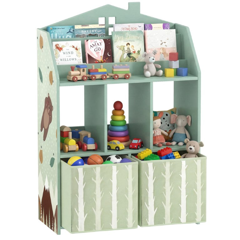 English Elm Qaba House Shaped Kids Bookcase with Fabric Drawers and Bear Playroom Organizer Grey Green W2225P597421