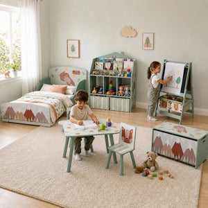 English Elm Qaba House Shaped Kids Bookcase with Fabric Drawers and Bear Playroom Organizer Grey Green W2225P597421