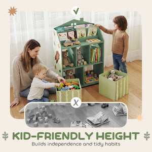 English Elm Qaba House Shaped Kids Bookcase with Fabric Drawers and Bear Playroom Organizer Grey Green W2225P597421