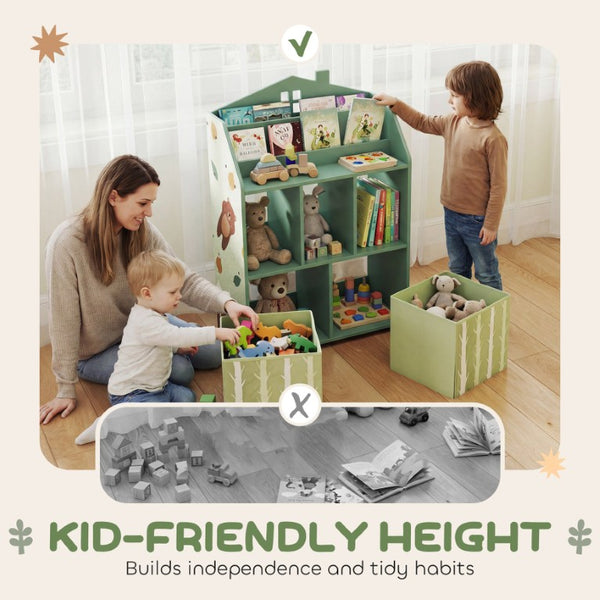 English Elm Qaba House Shaped Kids Bookcase with Fabric Drawers and Bear Playroom Organizer Grey Green W2225P597421