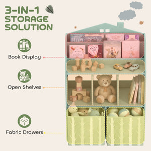English Elm Qaba House Shaped Kids Bookcase with Fabric Drawers and Bear Playroom Organizer Grey Green W2225P597421