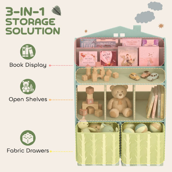English Elm Qaba House Shaped Kids Bookcase with Fabric Drawers and Bear Playroom Organizer Grey Green W2225P597421
