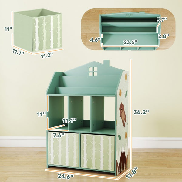 English Elm Qaba House Shaped Kids Bookcase with Fabric Drawers and Bear Playroom Organizer Grey Green W2225P597421