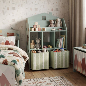 English Elm Qaba House Shaped Kids Bookcase with Fabric Drawers and Bear Playroom Organizer Grey Green W2225P597421
