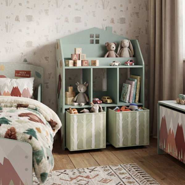 English Elm Qaba House Shaped Kids Bookcase with Fabric Drawers and Bear Playroom Organizer Grey Green W2225P597421