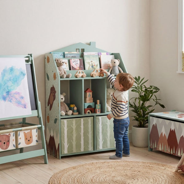 English Elm Qaba House Shaped Kids Bookcase with Fabric Drawers and Bear Playroom Organizer Grey Green W2225P597421