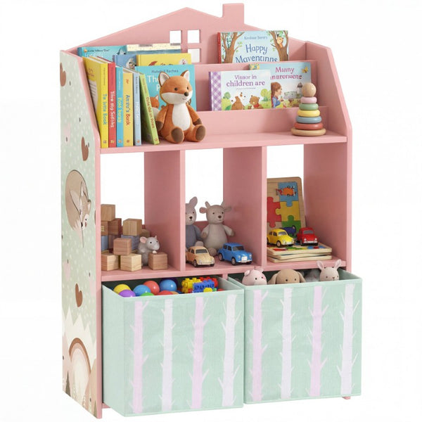 English Elm Qaba House Shaped Kids Bookcase with Fabric Drawers and Bear Playroom Organizer Pink W2225P597432