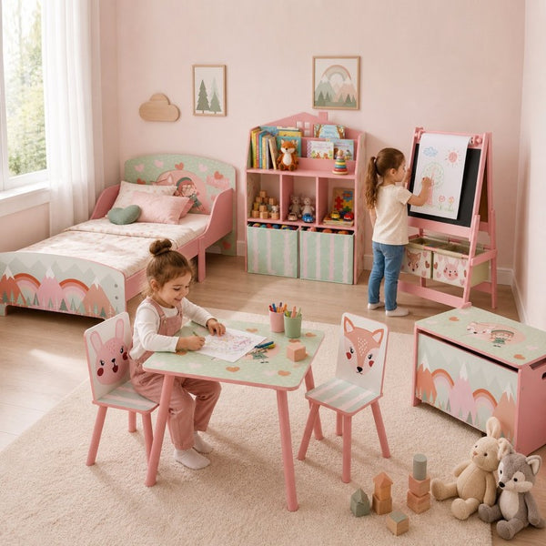 English Elm Qaba House Shaped Kids Bookcase with Fabric Drawers and Bear Playroom Organizer Pink W2225P597432