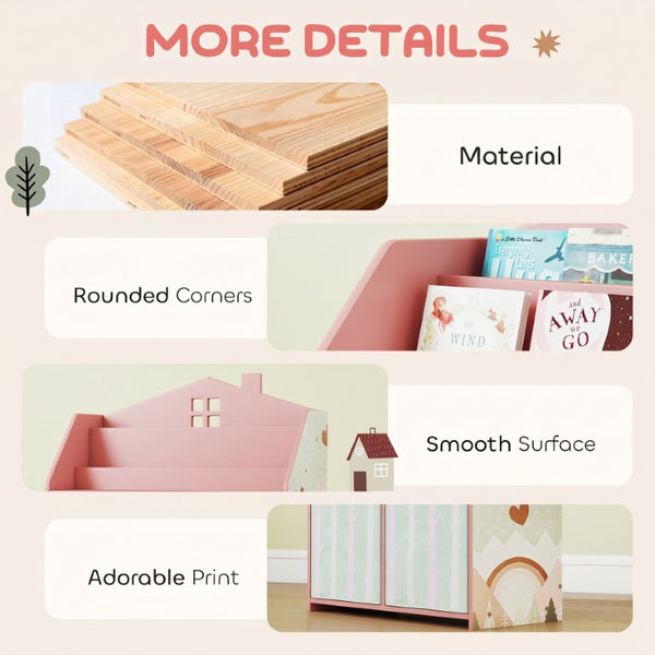 English Elm Qaba House Shaped Kids Bookcase with Fabric Drawers and Bear Playroom Organizer Pink W2225P597432